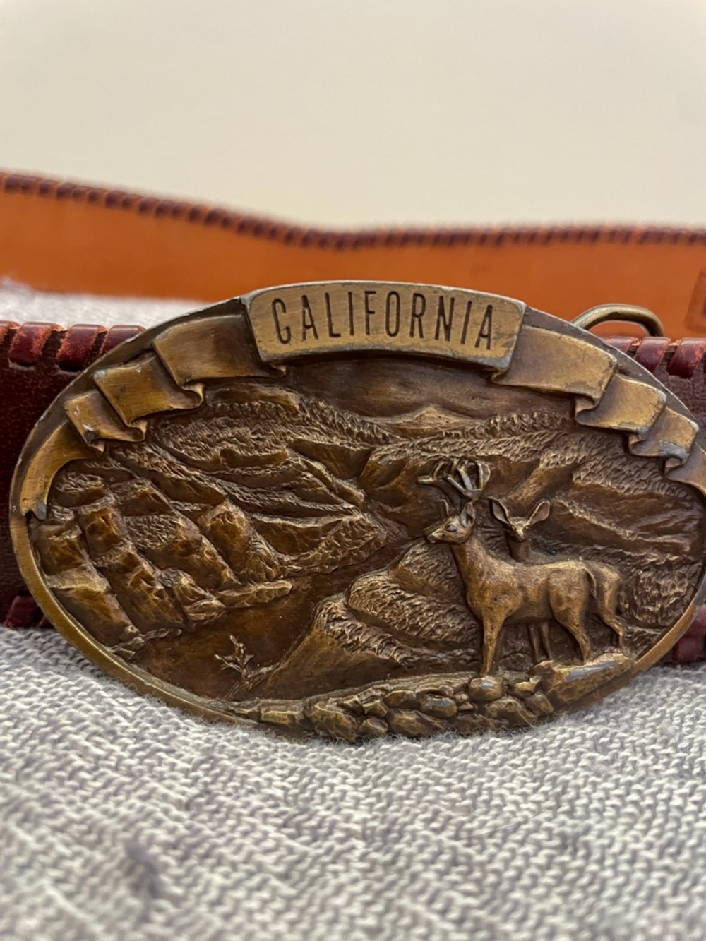 Vintage 1978 Bergamot Brass Works California Belt Buckle w/Original Leather Belt